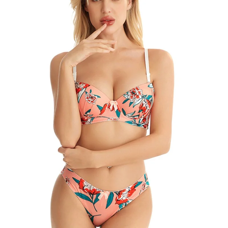 Sexy Women Flower Bra Set Wireless Bralette Underwear Seamless Print Lenceria Panties Set Push-up Lingerie нижнее белье женское