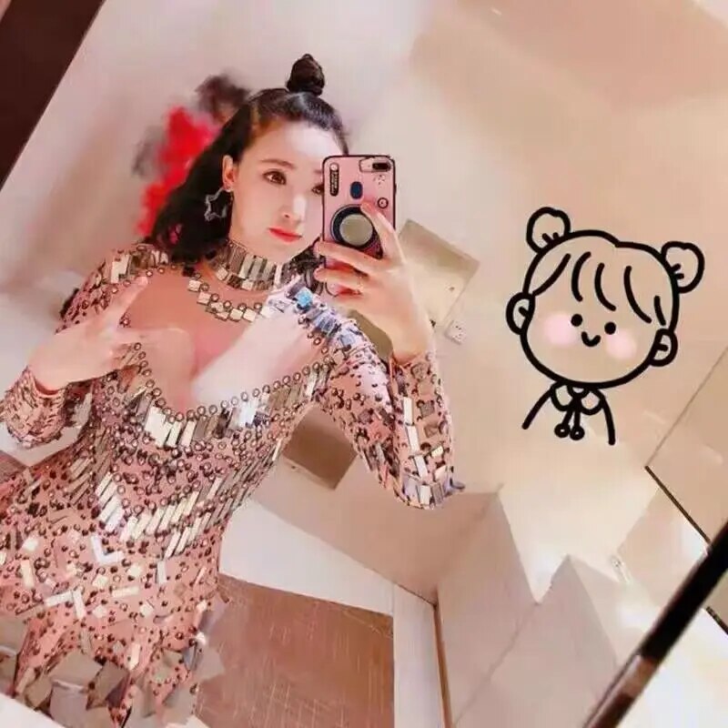 VCSHOES Sparkly Sequined Crystals Tassel Sleeve Short Dress Women Birthday Celebrate Party Dress Mesh Transparent Stage Show Wear