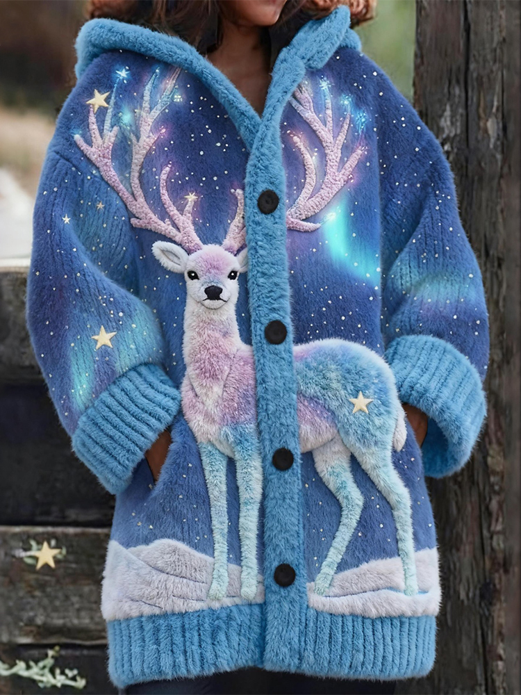 Aurora Reindeer Embroidered Cozy Knit Hooded Cardigan elevenforest