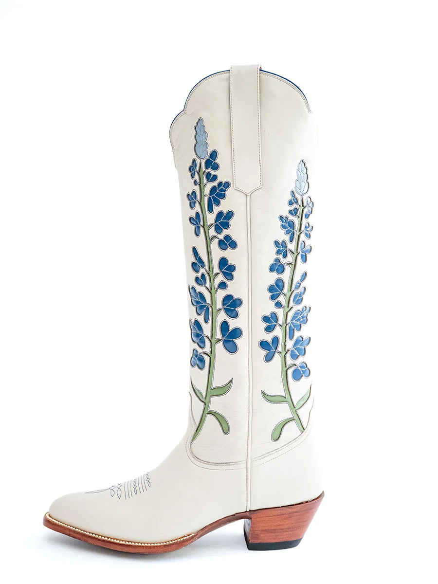 White Block Heel Bluebonnet Floral Embroidered Knee Cowboy Boots