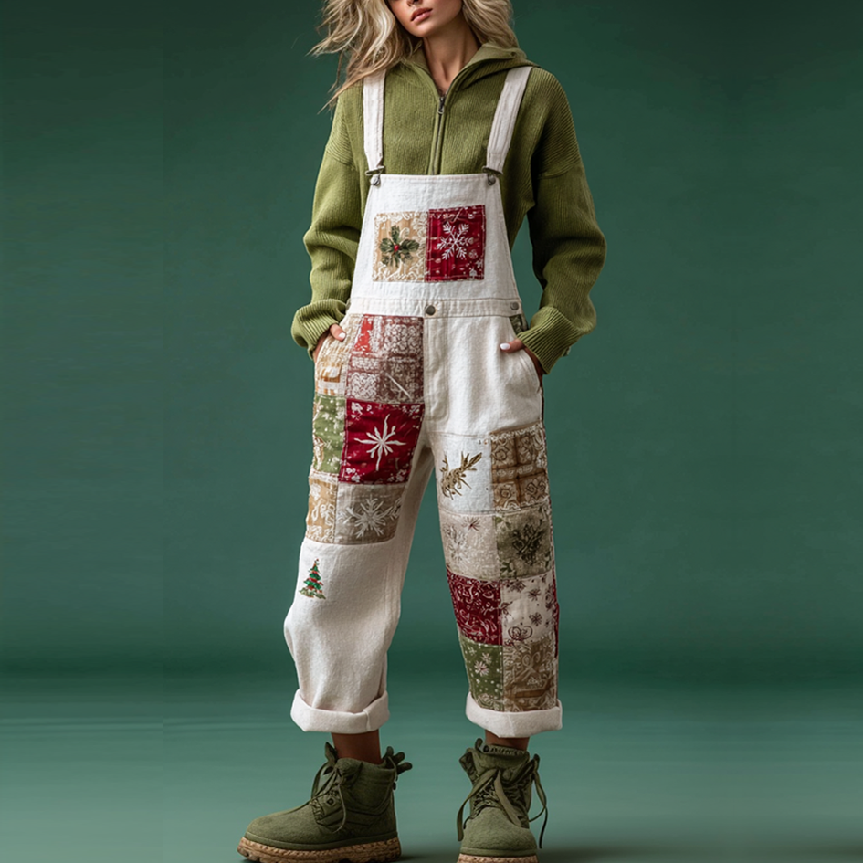 Retro Christmas Elements Patch Printed Women's Overalls elevenforest