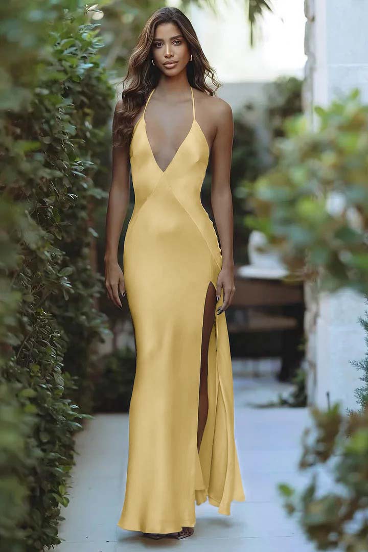 Ovlias Yellow Spaghetti Strap Prom Dress V-Neck Backless with Split  XJ0378