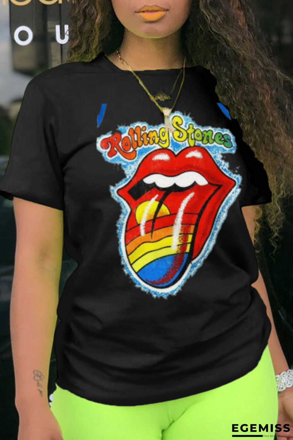 Black Fashion Casual Lips Printed Patchwork O Neck T-Shirts | EGEMISS