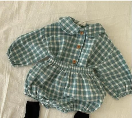 2021 Baby Clothing Plaid Full Sleeve Shirt and Bloomer 2pcs Boys Clothes Set Fashion Toddler Girls Set