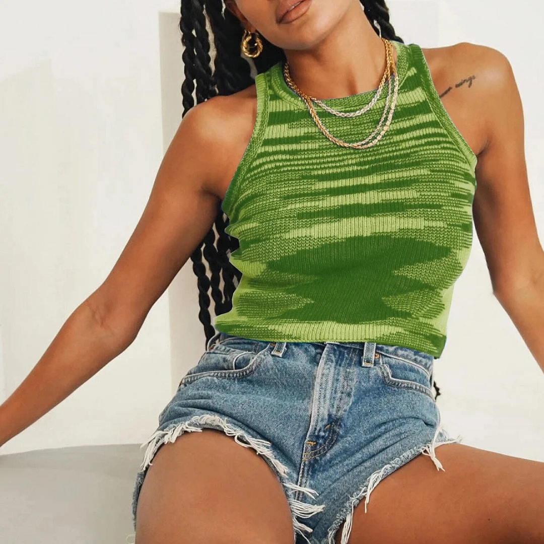 2021 Knit Tank Tops Women Sleeveless Y2K Crop T Shirts Casual Summer Off Shoulder Top Tie Dye Cute T-Shirts O Neck Vintage Tees