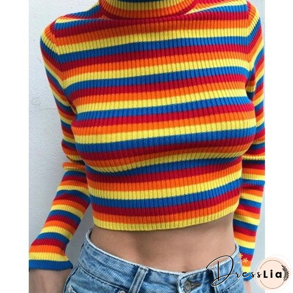 Turtleneck Fashion Rainbow Sweaters Knitted Pullovers Women New Winter Sweater Loose Pullover Jumpers Female