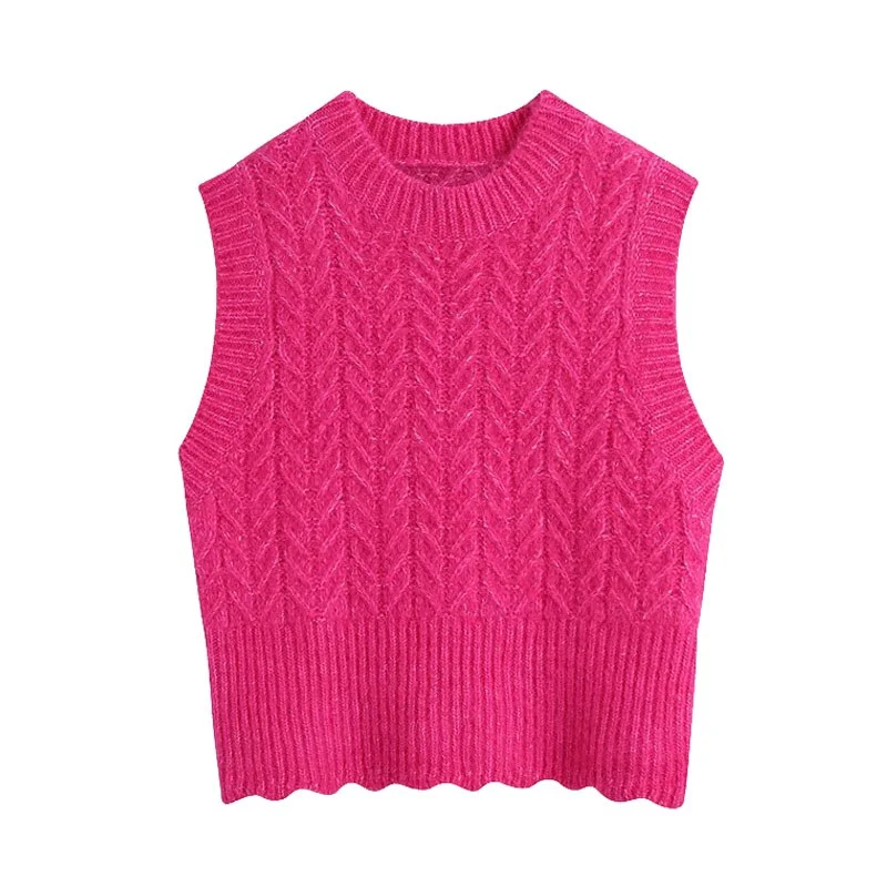 TRAF Women Fashion Cropped Cable-knit Vest Sweater Vintage O Neck Sleeveless Female Waistcoat Chic Tops