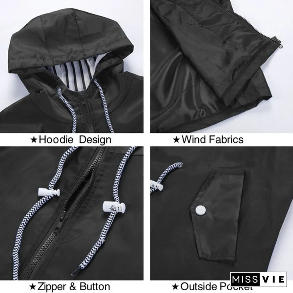 Ladies Double Layer Waterproof Lightweight Rain Jacket Outdoor Hooded Zipper Coats