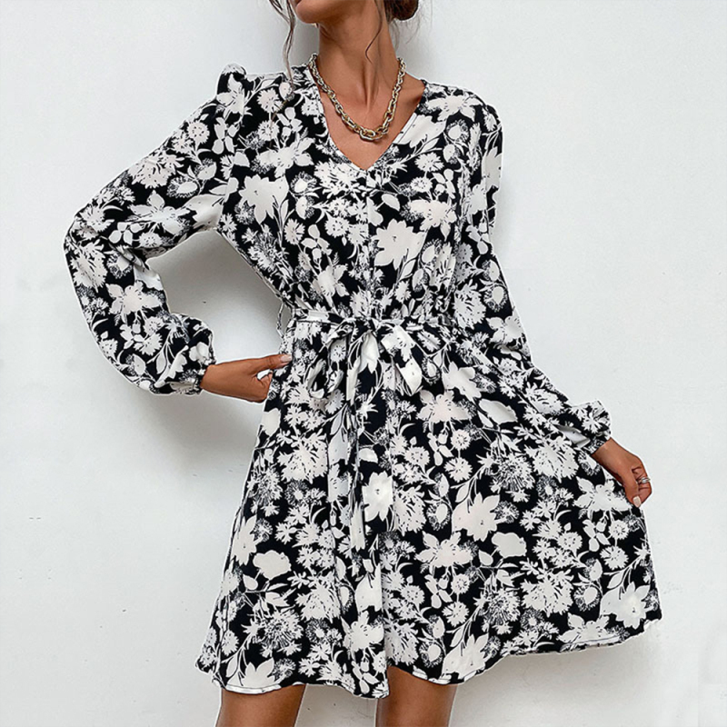 Mature Women Casual Bohemian Woven V-Neck Printed Long-Sleeved Dress