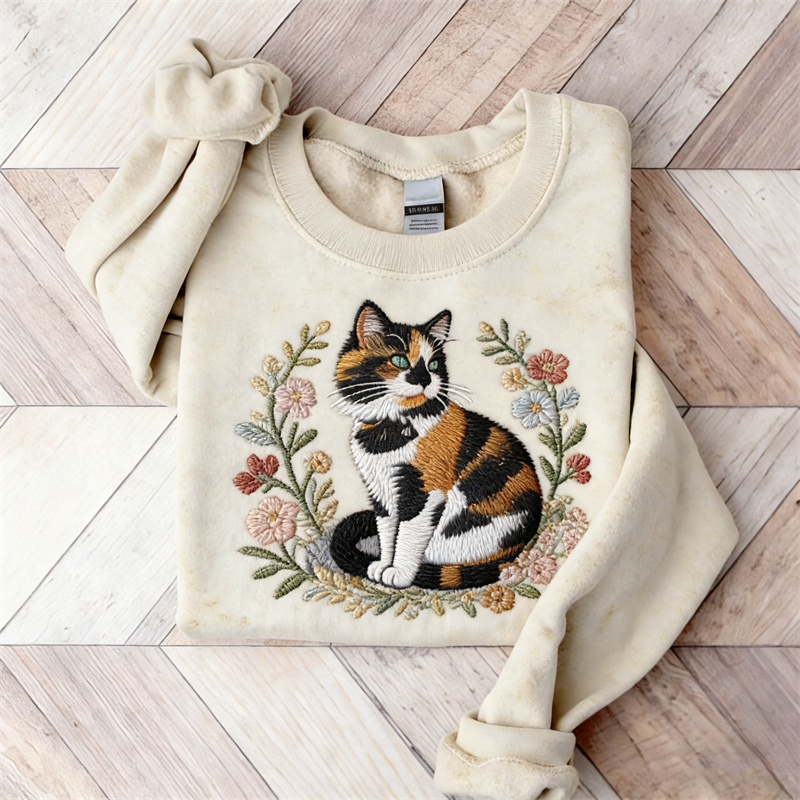Lovely Calico Cat Floral Art Cozy Sweatshirt wearshes