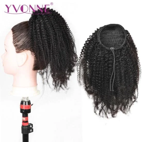  Yvonne 4B 4C Kinky Coily Drawstring Ponytail Brazilian Virgin Hair Clip In Extensions Natural Color 