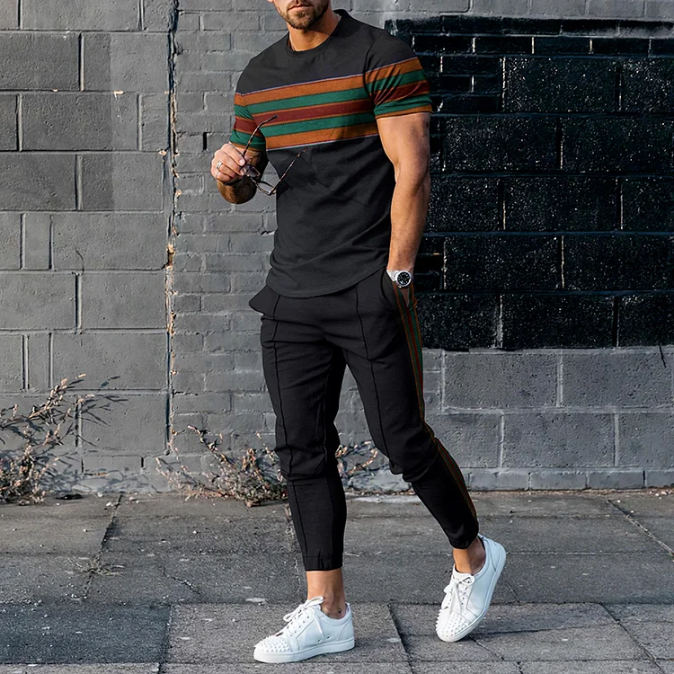 BrosWear Casual Stripe Contrast Color Short Sleeve T-Shirt And Pants Co-Ord