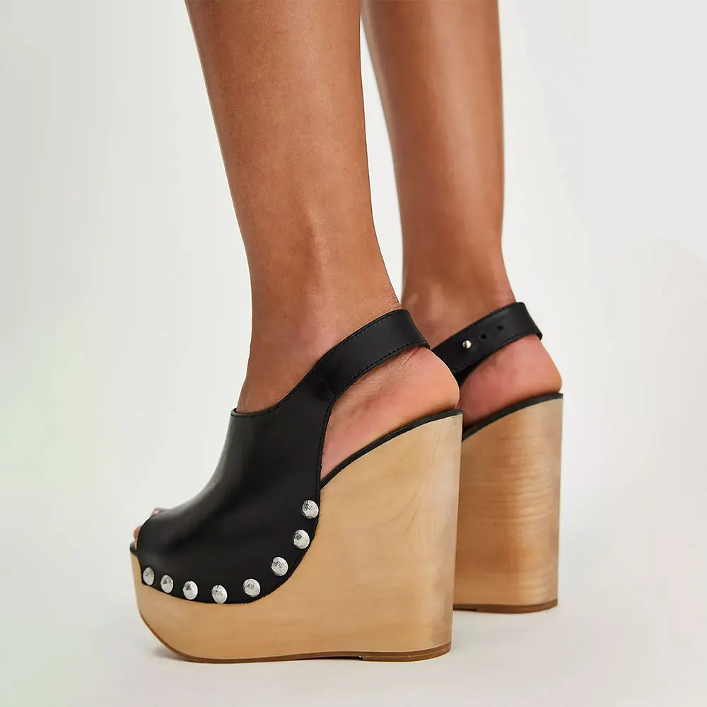 Black Platform High Heel Peep Toe Studded Slingback Wedge Sandals