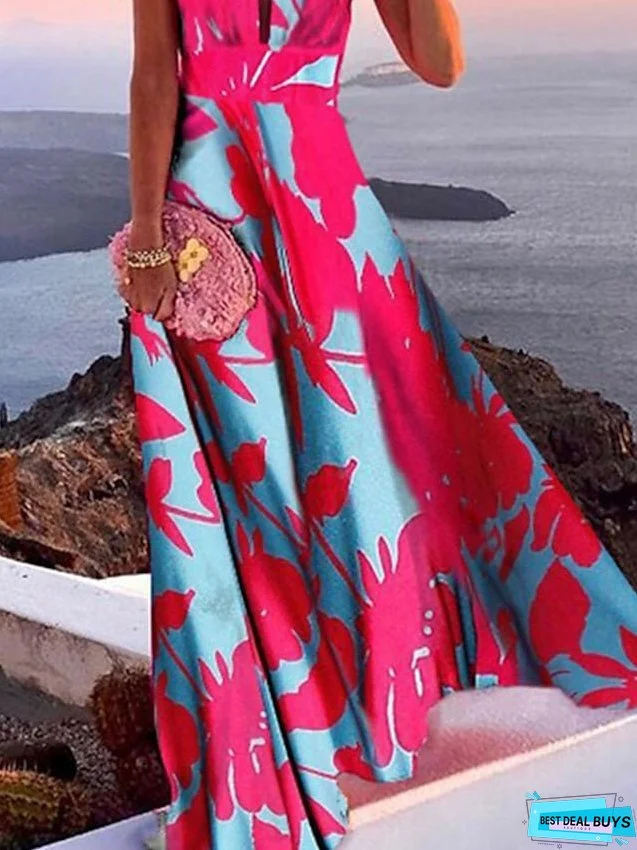 Casual Dress Swing Dress Floral Dress Long Dress Maxi Dress Green Blue Pink Sleeveless Floral Print Spring Summer Deep V Hot Daily S M L XL XXL for Women