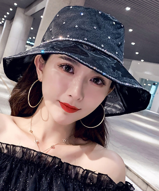 VCSHOES Black Zircon Satin Floppy Sun Hat