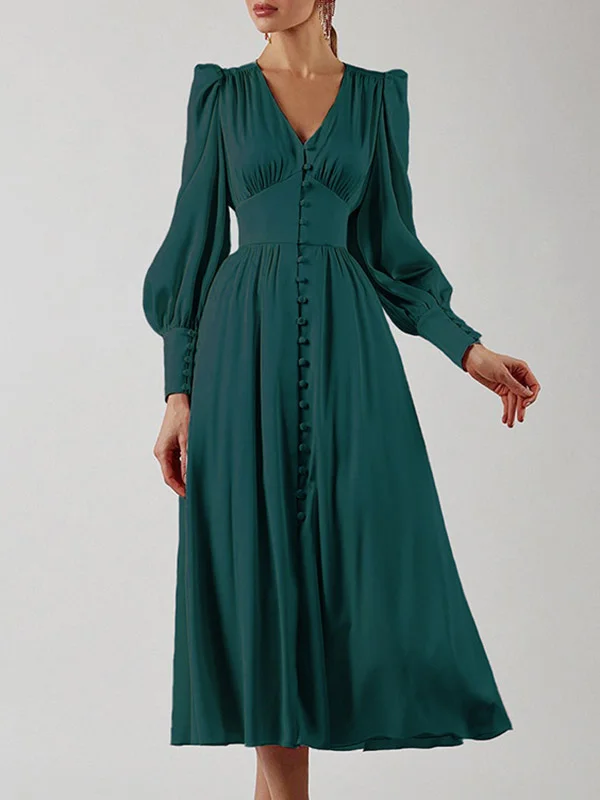 Solid Color Pleated Buttoned Puff Sleeves Loose V-Neck Midi Dresses