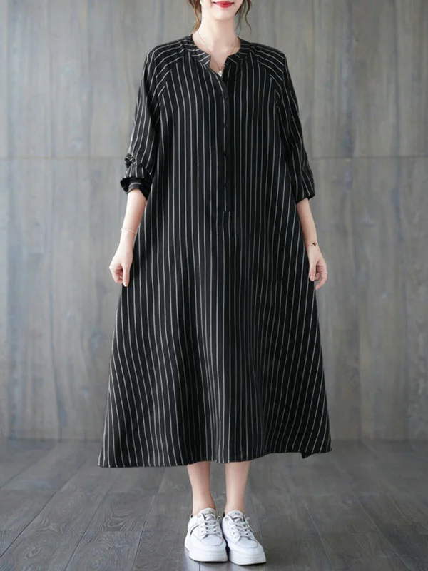 Striped Split-Side Buttoned Loose Long Sleeves Round-Neck Shirt Dress Midi Dresses