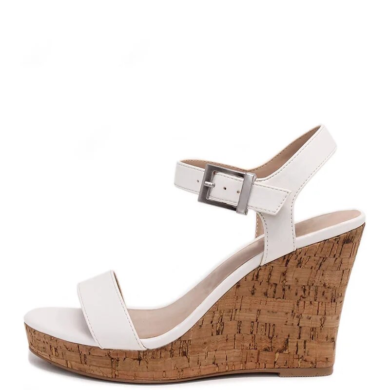 TAAFO White Platform High Cork Wedge Heels Sandals Peep Toe Women For Ladies Buckle Strap Shoes