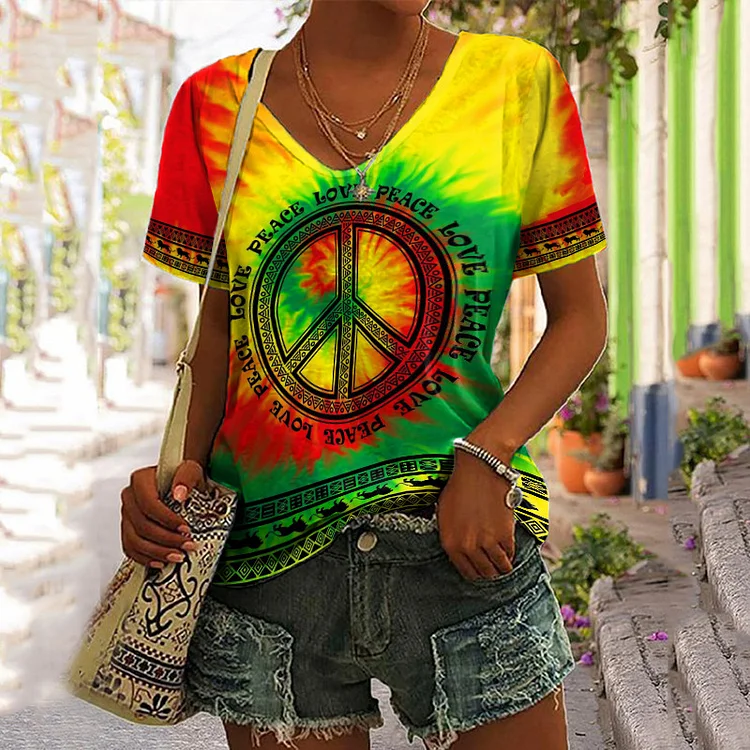 🔥kukelife🔥Hippie Art Love Peace Symbol Print Tie-Dye V Neck T-shirt