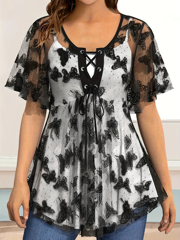 Flycurvy Plus Size Casual Black Butterfly Lace Flutter Sleeve Lace-Up Tunic Blouse