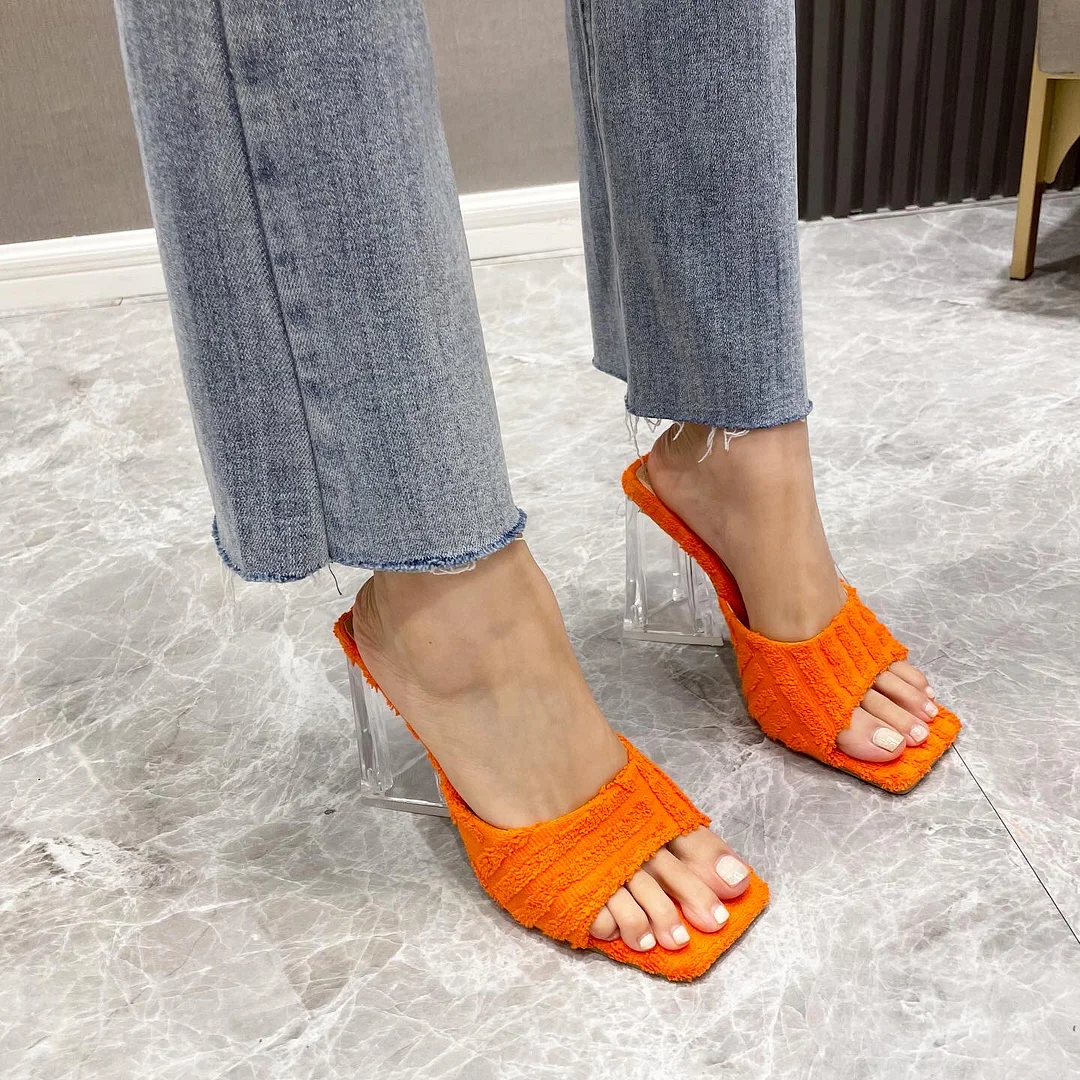 Breakj Summer Orange Black Clear Triangle Thick Heel Slippers Sexy Street Woman Party Peep Toe Dress Shoes Size 35-41 Fashion Shoes
