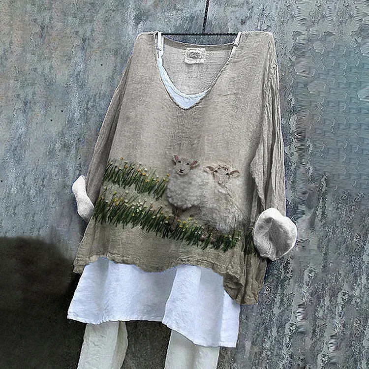 Women's Vintage Grassland And Sheep Cozy Linen Blend Tunic