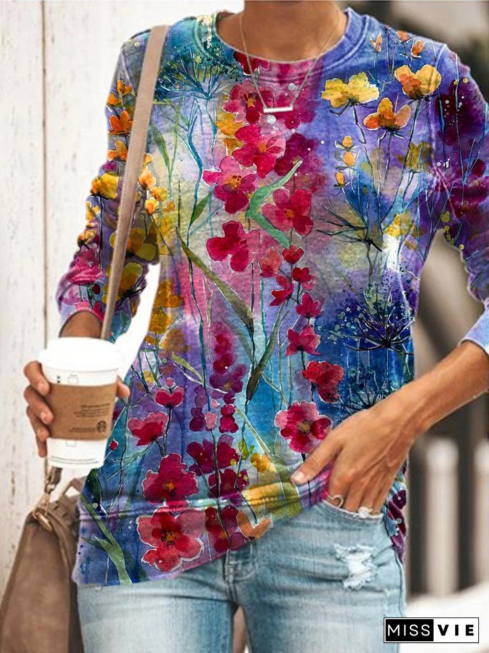 Women Colorful Flower Print Crew Neck Long Sleeves Shirt