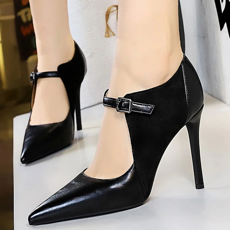 Abebey Shoes New Women Pumps Suede And PU Leather Design Retro High Heels Ladies Shoes Stilettos Women Heels Large Size 34-43