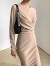 Urban Round-Neck Long Sleeve Solid Color Simple Midi Dress