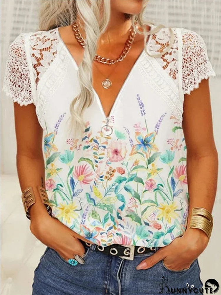 Women's Hollow Short-sleeved V-neck Flower Print Fashion Casual Top