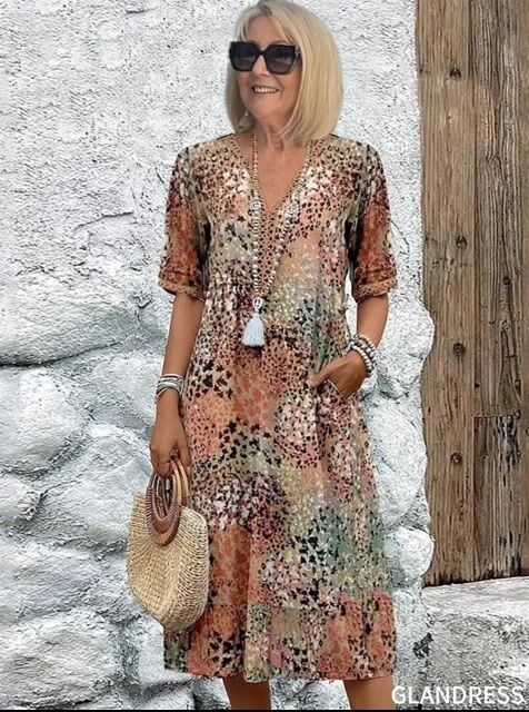 Vacation DRESS Women's Short Sleeve Summer Leopard Lace Dress V Neck Daily Going Out Casual Knee Length A-Line Khaki