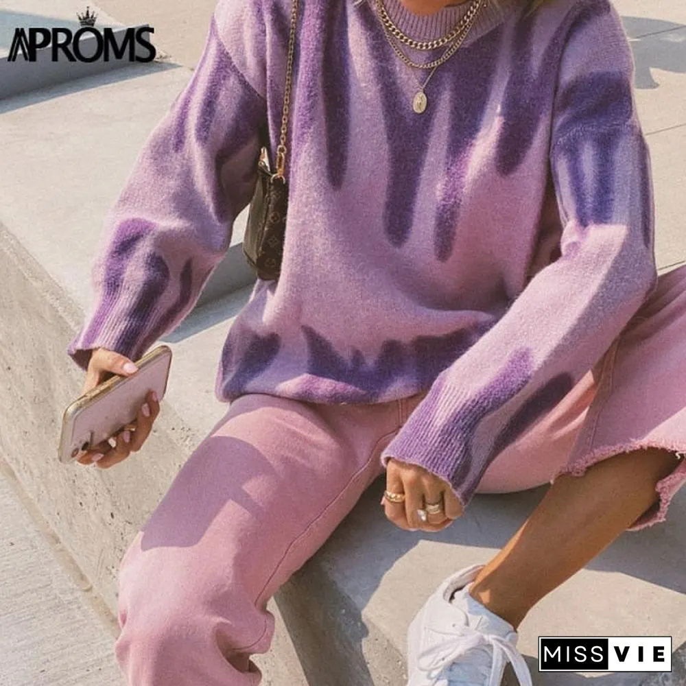 Aproms Korean Fashion Khaki Stripes Print Loose Sweaters Women Winter Hip-Pop Oversized