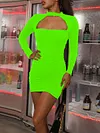 Sexy Hollow Long Sleeve Slim Solid Color Mini Dress