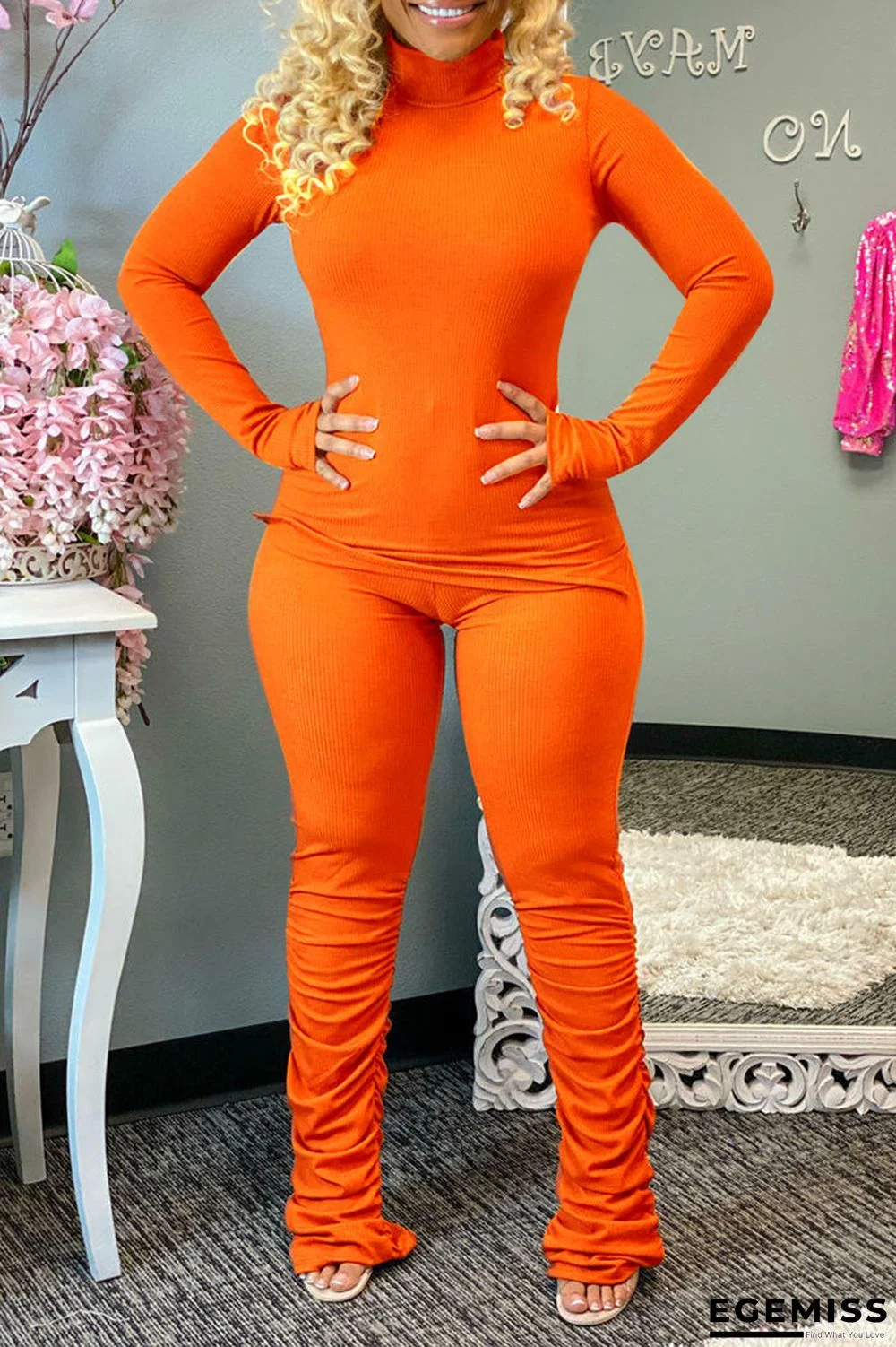 Tangerine Red Casual Solid Patchwork Slit Fold Half A Turtleneck Long Sleeve Two Pieces | EGEMISS