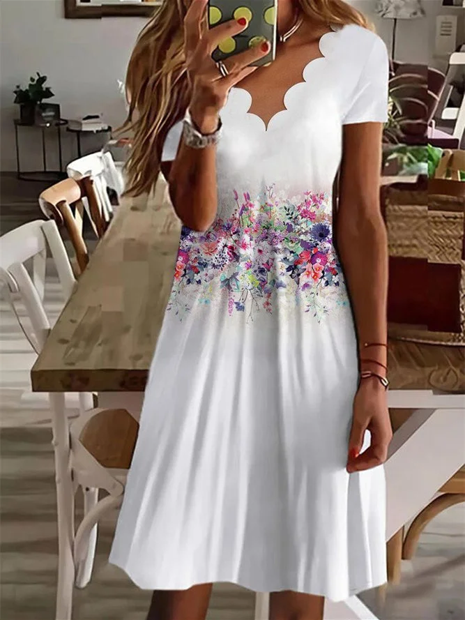 Women Short Sleeve V-neck Floral Printed Midi Dress