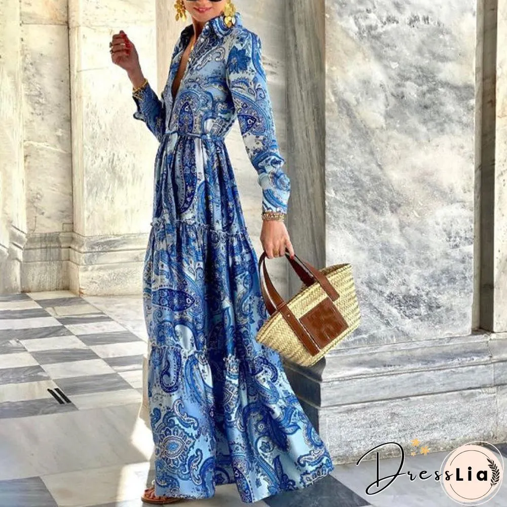 Elegant Lapel Printed Slim Long Sleeve Dress