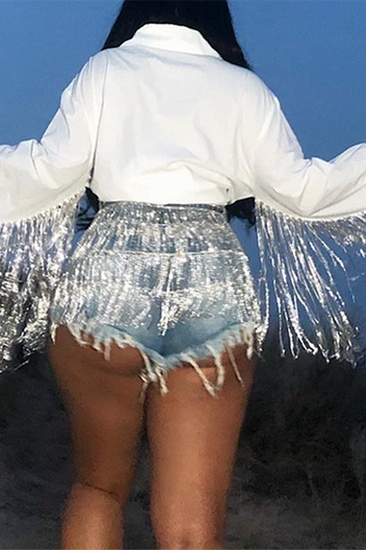 Xpluswear Plus Size Silver Party Sequin Fringe Button Denim Shorts 