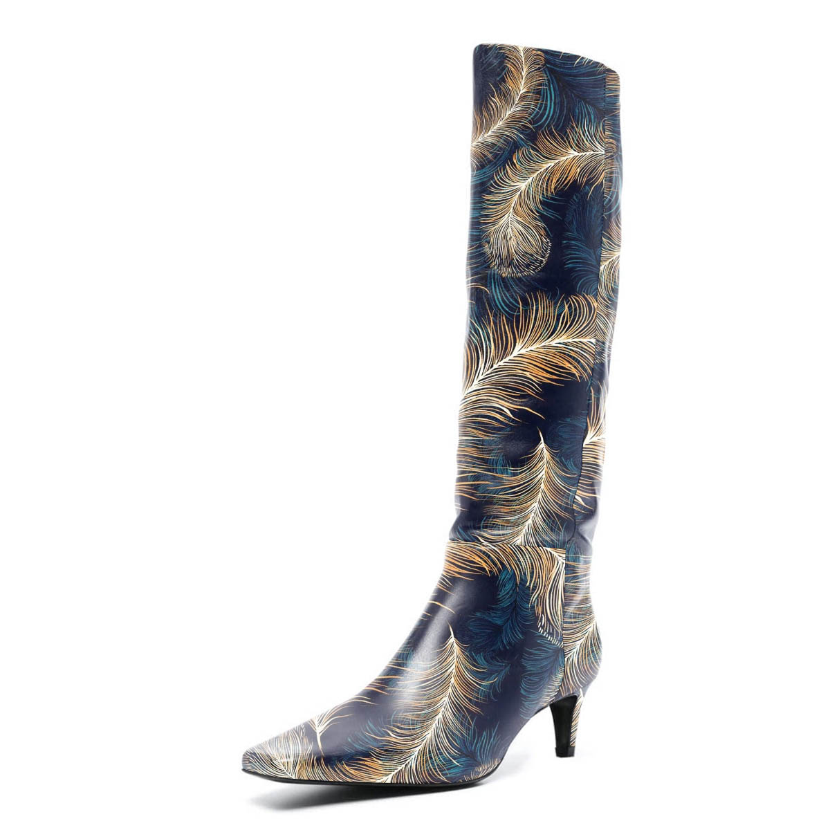 Navy & Beige Feather Printed Square Toe Kitten Heel Tall Boots Nicepairs