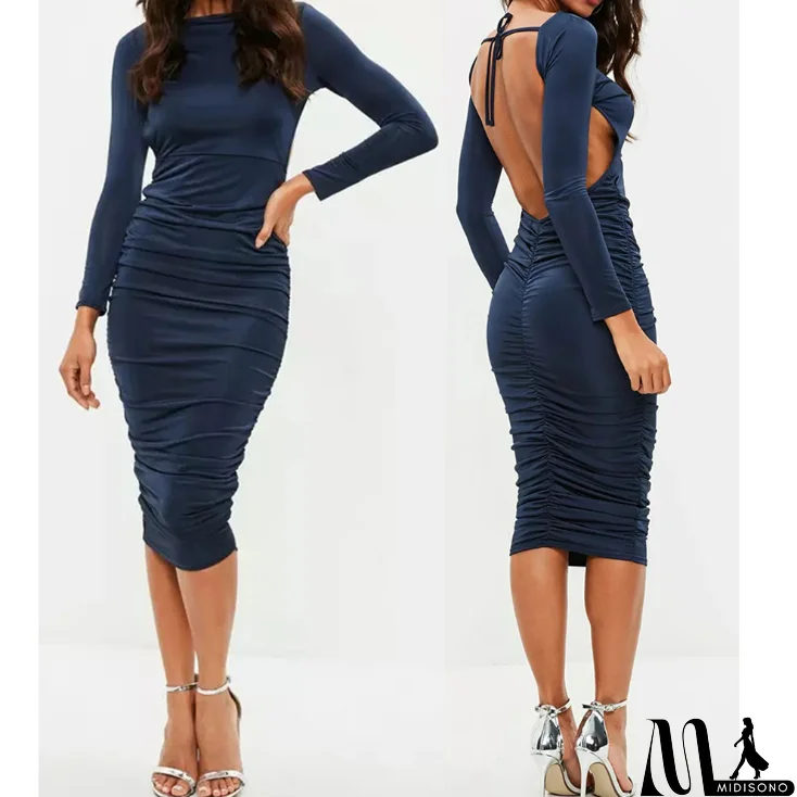 MidiSono - Round Neck Sexy Backless Long Sleeve Stretch Dress
