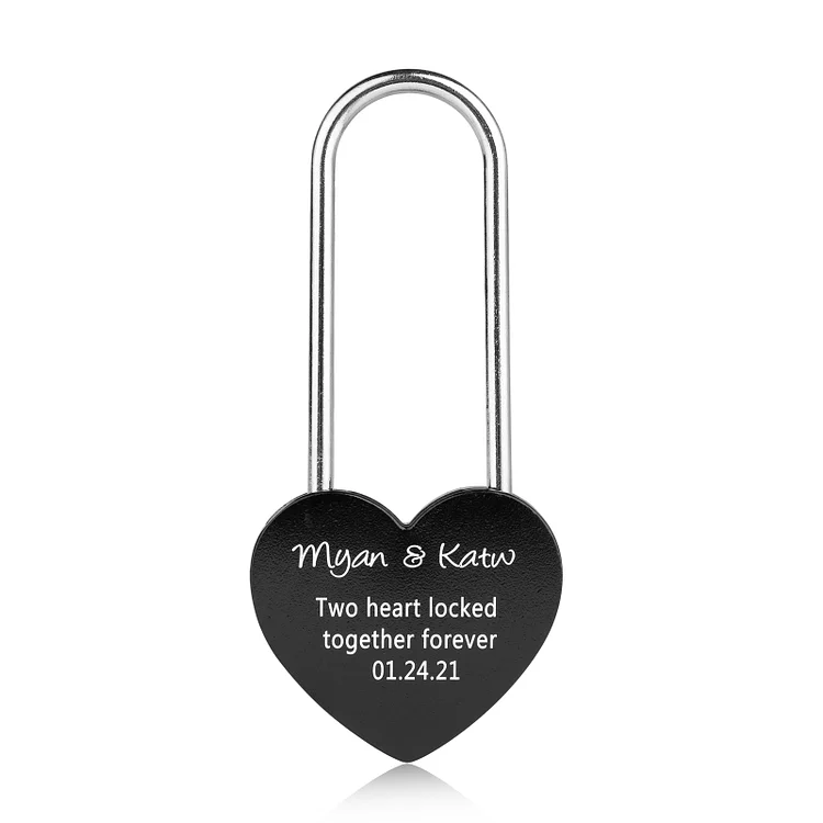 Heart Love Lock with Key Custom Names and Date Black Padlock Couple Gift