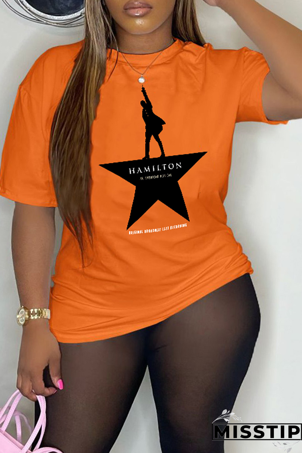 Orange Casual Street Print Patchwork O Neck T-Shirts