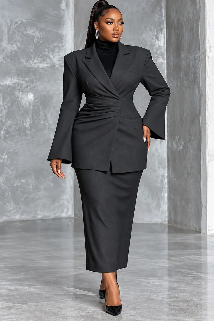 Xpluswear Design Plus Size Business Casual Grey Turndown Collar Flare Long Sleeve Pleated Bodycon Two Piece Skirt Sets [Pre-Order] 2024 - Xpluswear