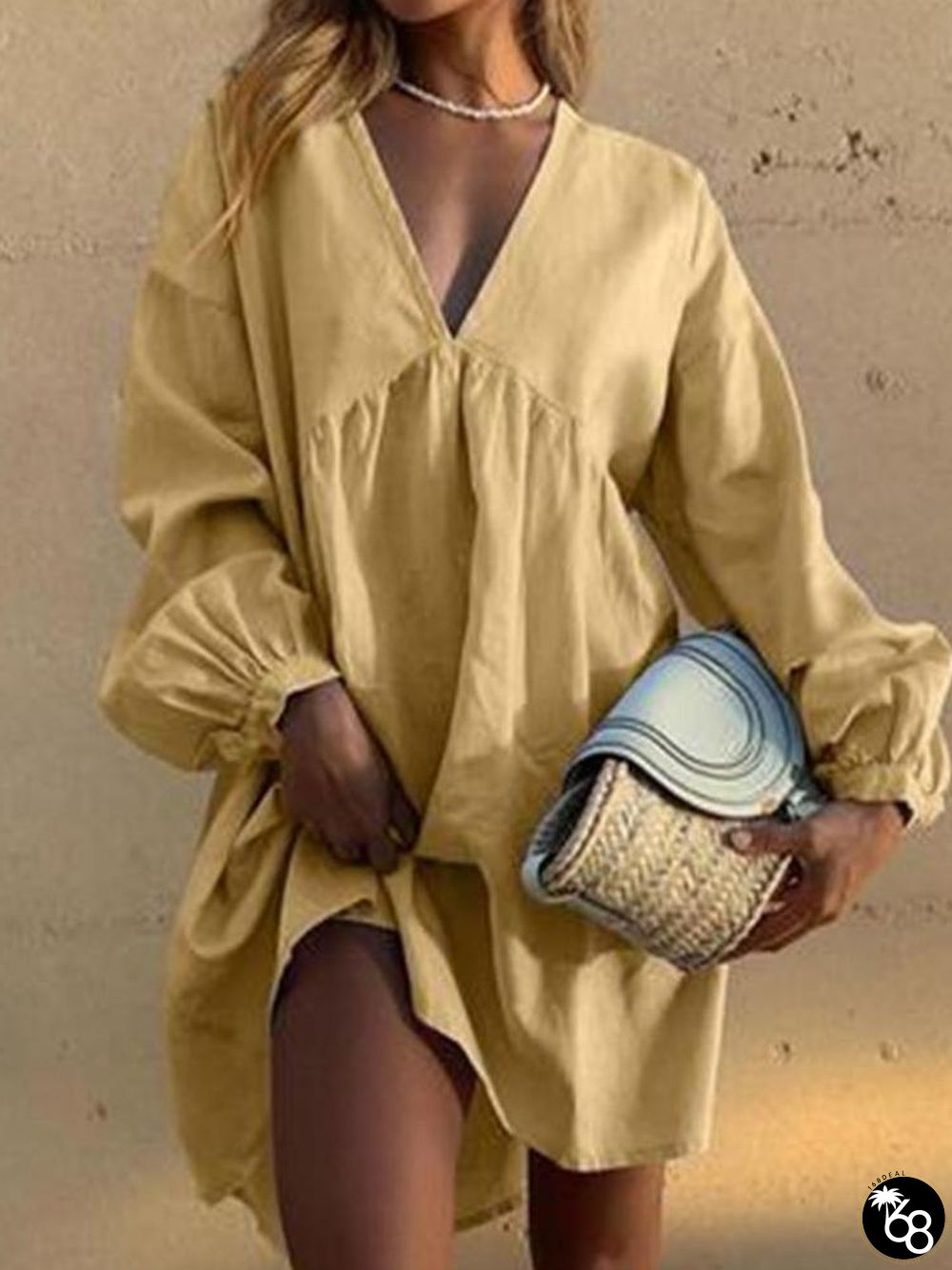 V-Neck Cotton Linen Long Sleeve Mini Dress | 168DEAL