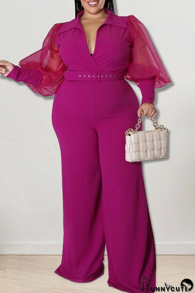 Purple Casual Solid Patchwork V Neck Plus Size Jumpsuits