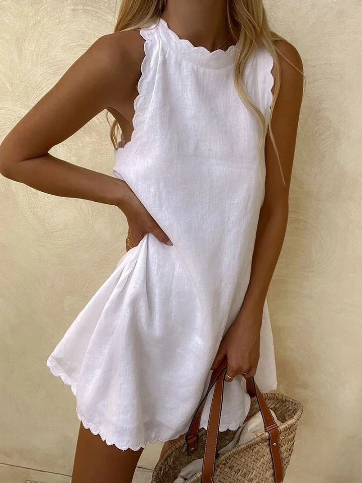 Loose Sleeveless Round Neck Cotton And Linen Dress White Dresses | EGEMISS