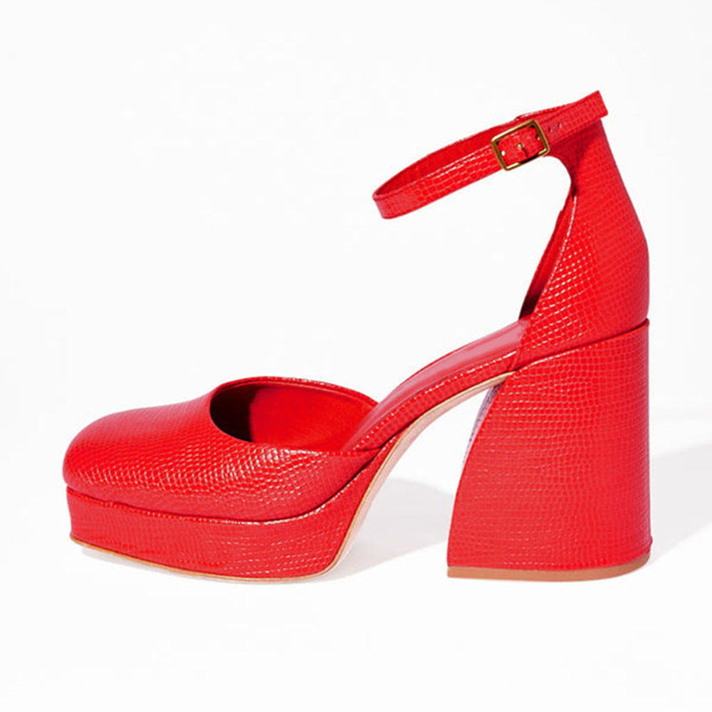 FSJ Red Square Toe Block Heel Platform Pumps for Women Nicepairs