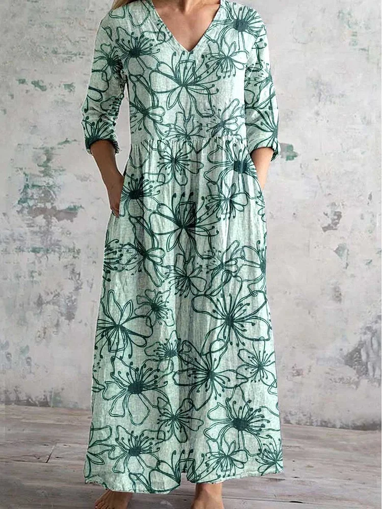 Women's Elegant Simple Jasmine V Neck Pocket Cotton and Linen Dress