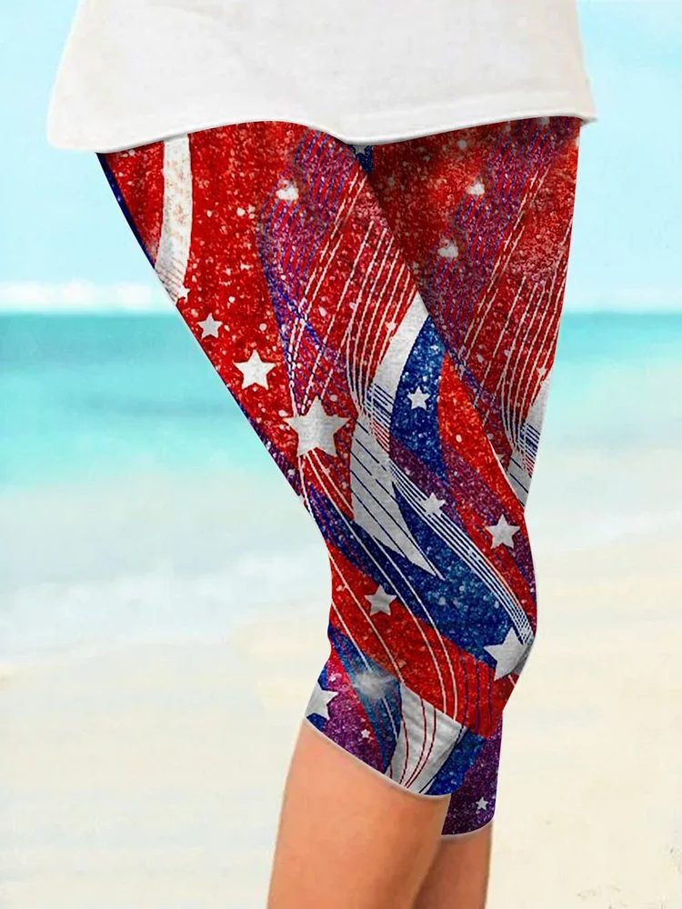 Women's Red Blue Stars Print Cropped Leggings socialshop