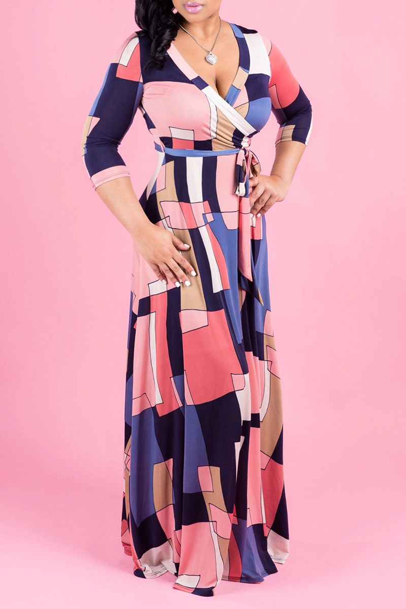 Sexy Print Split Joint V Neck Waist Skirt Dresses