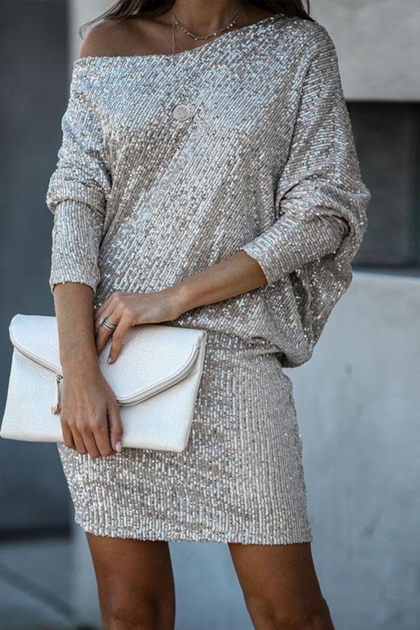 Womens Party One Shoulder Sequined Dress-Allyzone-Allyzone